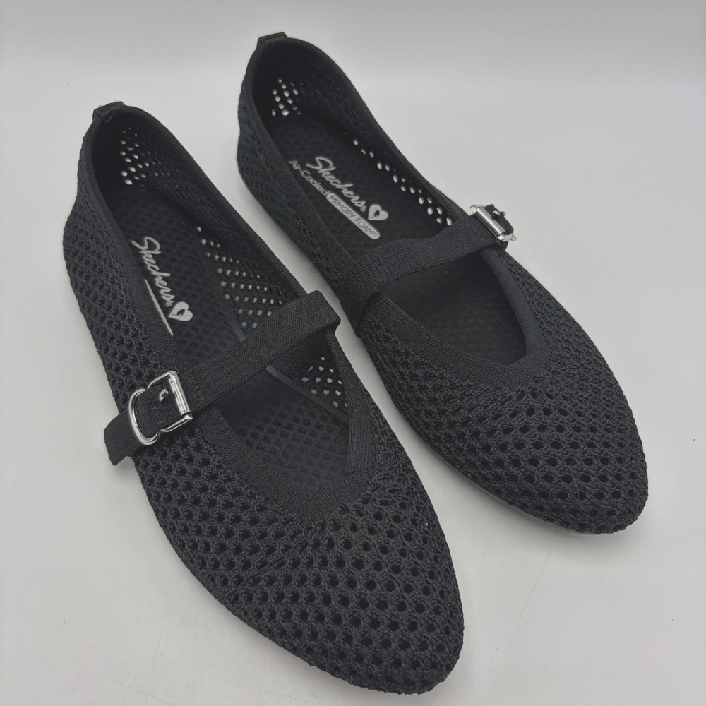 Skechers Womens Mary Jane Buckle Ballet Flats Women 7.5 Cleo 2.0 Starlight Black